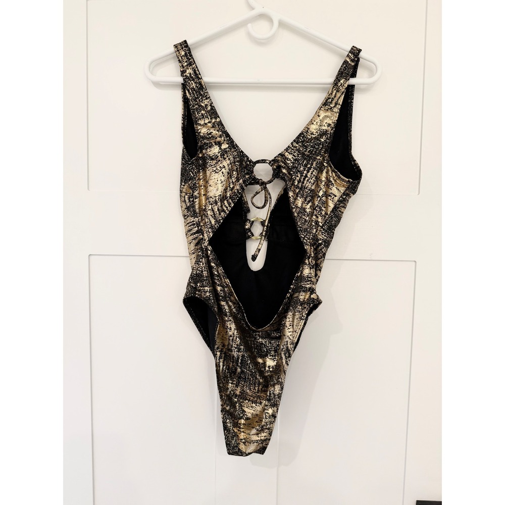 Gold Metallic Foil One Piece Swimsuit Lace Up O-Ring High Cut Black Large NWOT - Picture 7 of 8